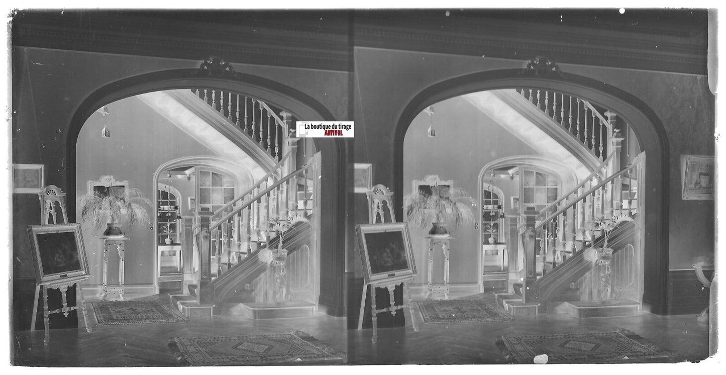 Salon, maison, Plaque verre photo, stéréoscopique négatif noir & blanc 9x18 cm