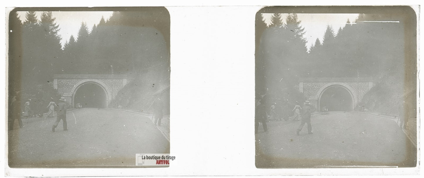 Tunnel de Bussang, Vosges, plaque verre stéréo, photo ancienne 4,5x10,7 cm