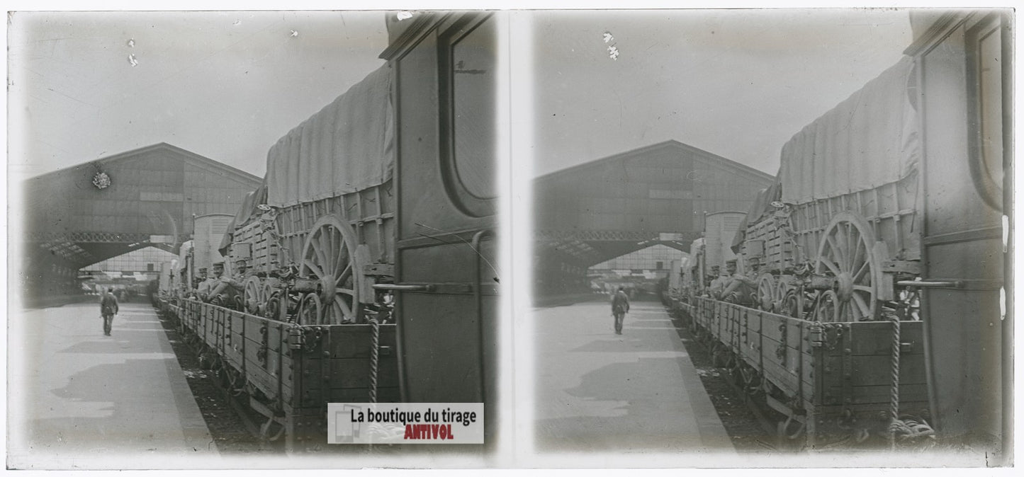 Train militaire, gare, guerre WW1, plaque verre photo ancienne stéréo 6x13 cm