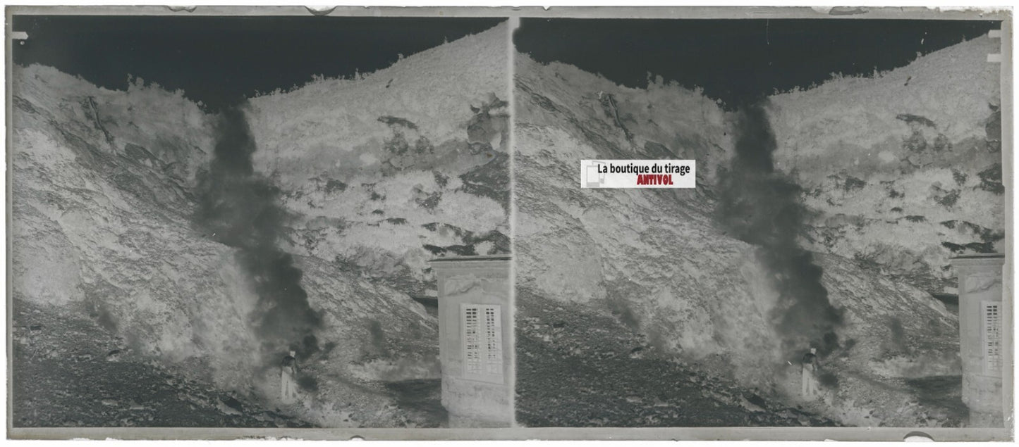Montagne, homme, paysage, stéréo photo ancienne plaque verre, négatif 8x18 cm