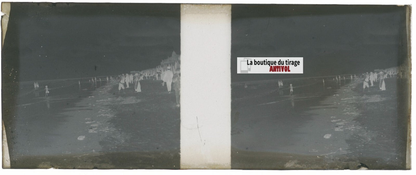 Mer plage, Belgique, Plaque verre stéréoscopie, négatif noir & blanc 4,5x10,7 cm