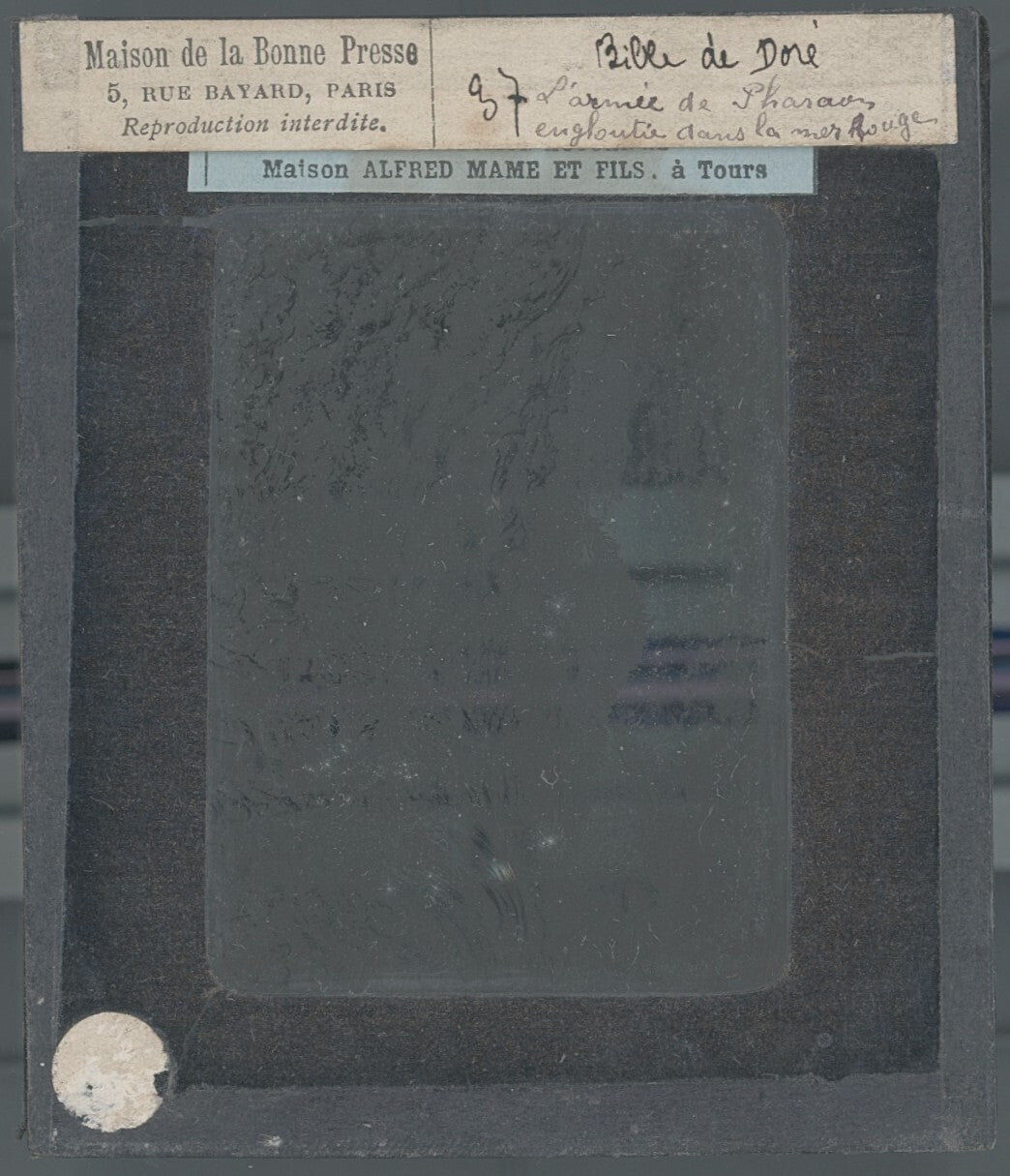 Armée mer Rouge, Bible de Doré, dessin, plaque verre, positif 8,5x10 cm