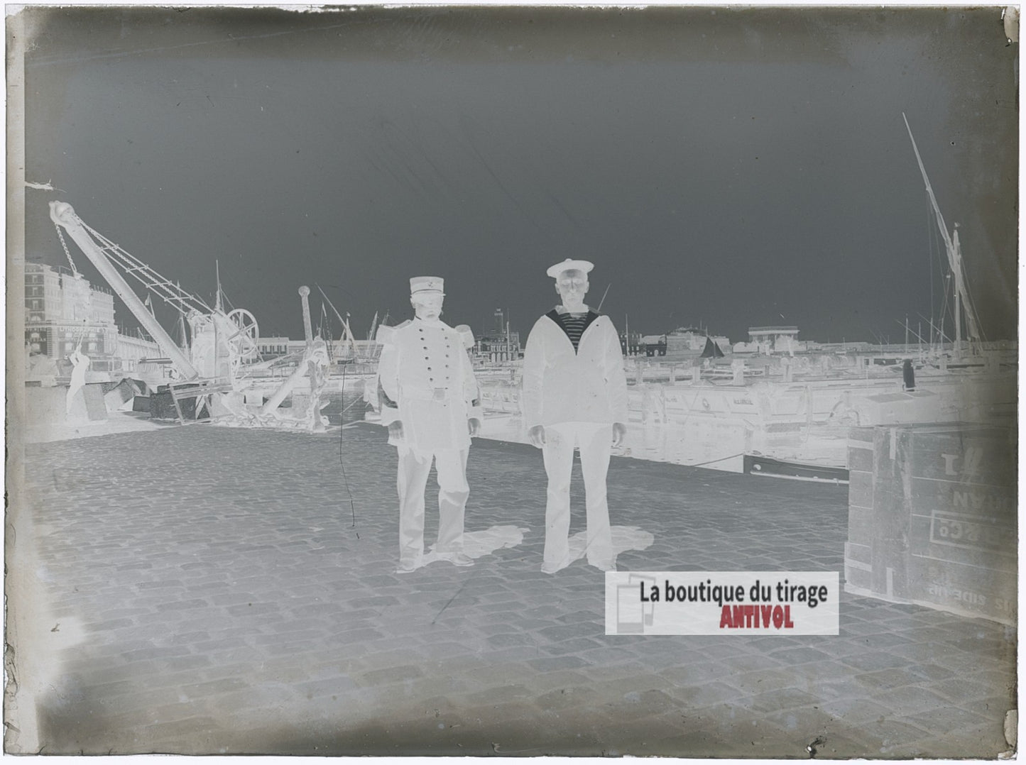 Militaire et marin, port d’Alger, plaque verre photo ancienne, négatif 9x12 cm