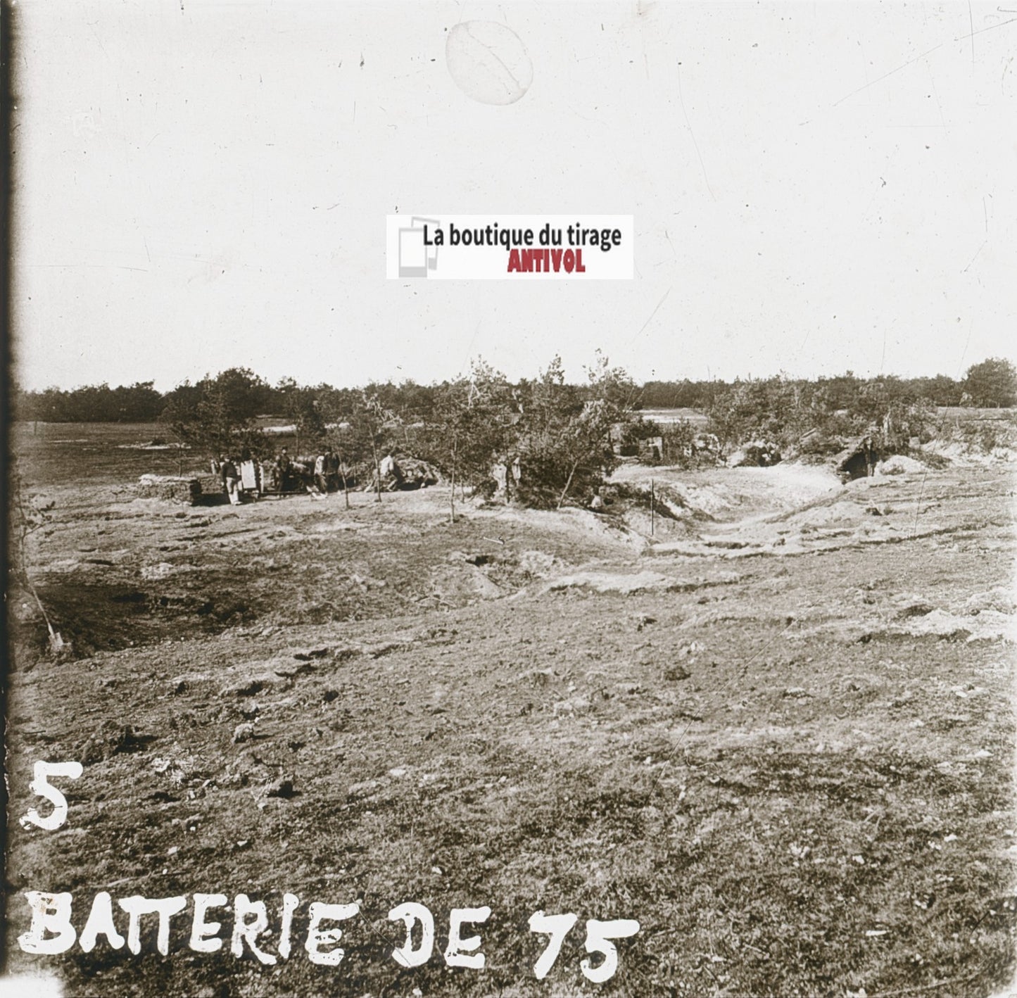 Batterie de 75, Artillerie, WW1, plaque verre stéréo, photo ancienne 4,5x10,7 cm