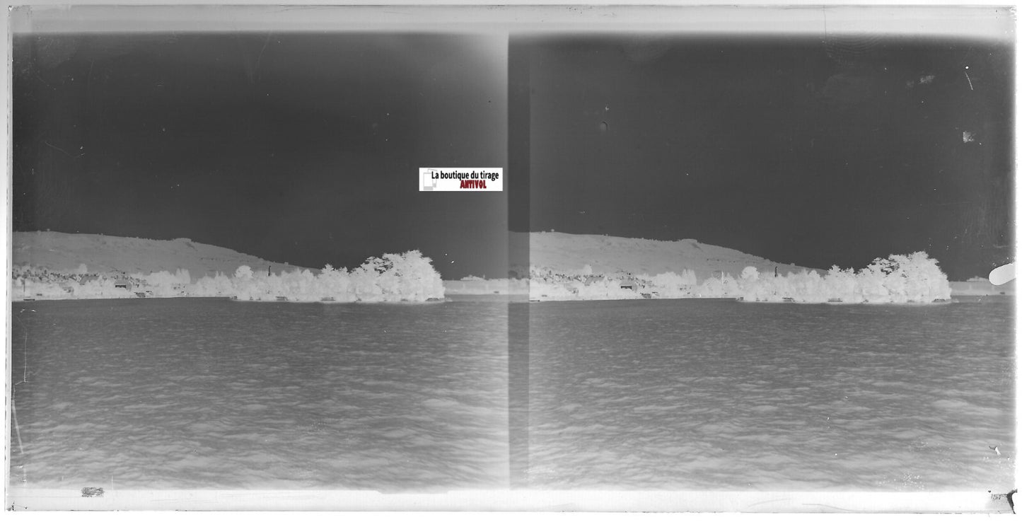 Lac, paysage, Plaque verre photo ancienne, stéréo négatif noir & blanc 9x18 cm