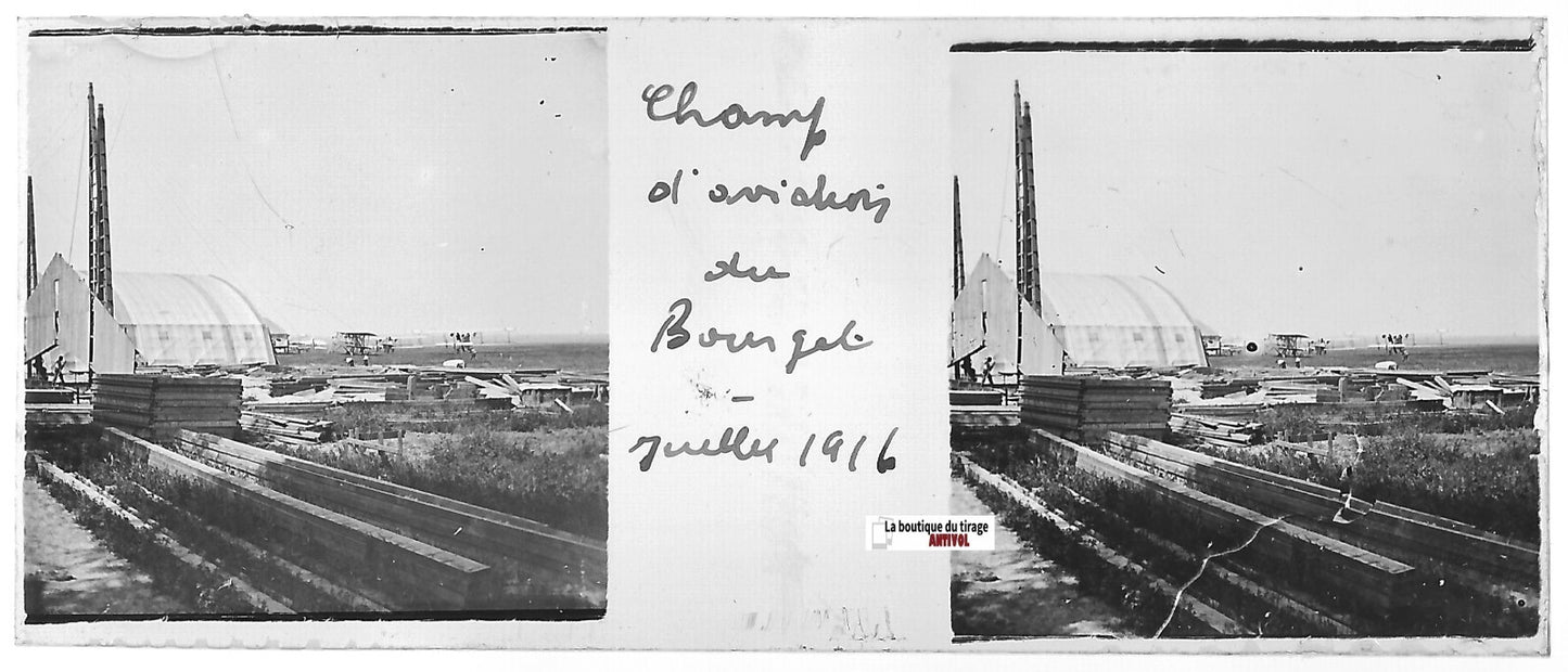 Le Bourget, avions, Plaque verre stéréo, positif ancien noir & blanc 4,5x10,7 cm