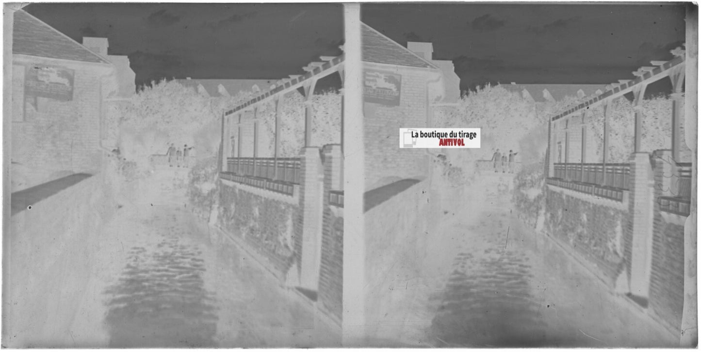 Village, famille, canal, stéréoscopie plaque ancienne verre, négatif 9x18 cm