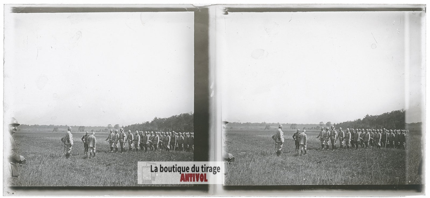 Soldats, troupe, guerre WW1, plaque verre photo ancienne stéréo 6x13 cm
