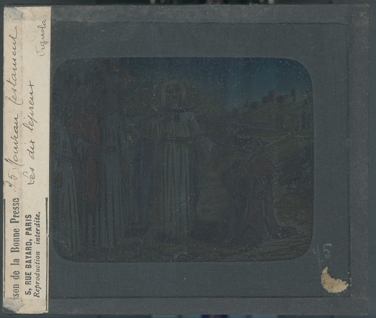 Les dix lépreux, Jésus, dessin, plaque verre ancienne, couleur 8,5x10 cm