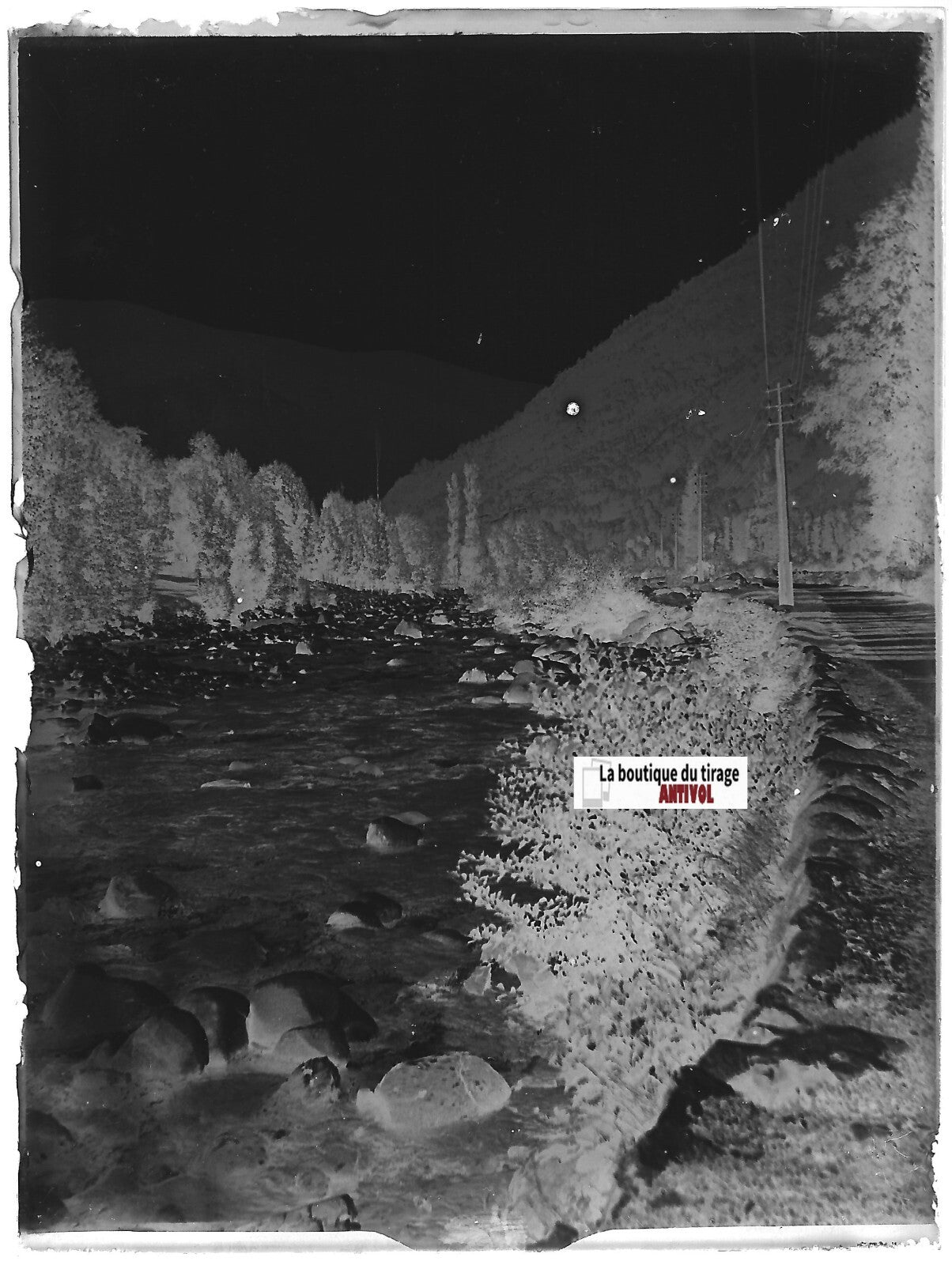 Pyrénées, rivière, Plaque verre photo ancienne, négatif noir & blanc 9x12 cm