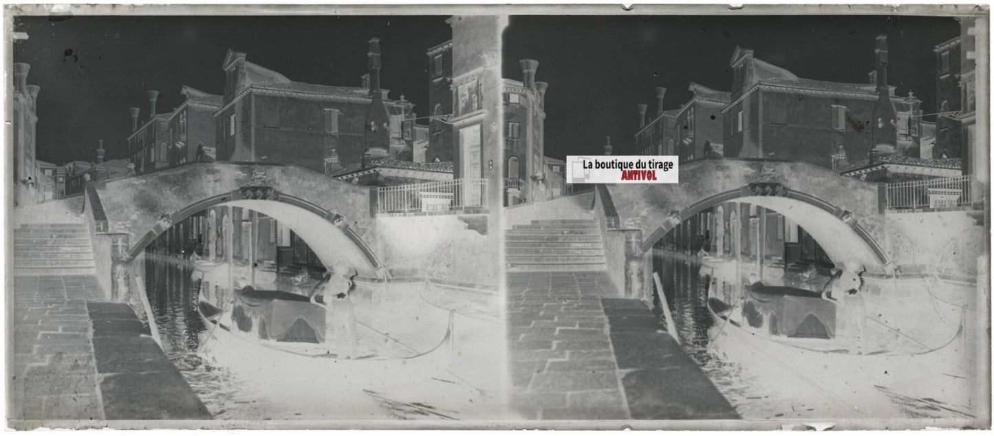 Venise, gondolier, Italie, stéréo photo ancienne plaque verre, négatif 8x18 cm