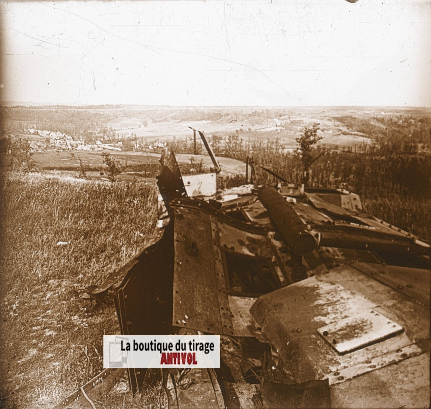 Missy-au-Bois, Tank détruit, WW1, plaque verre, photo ancienne stéréo 6x13 cm