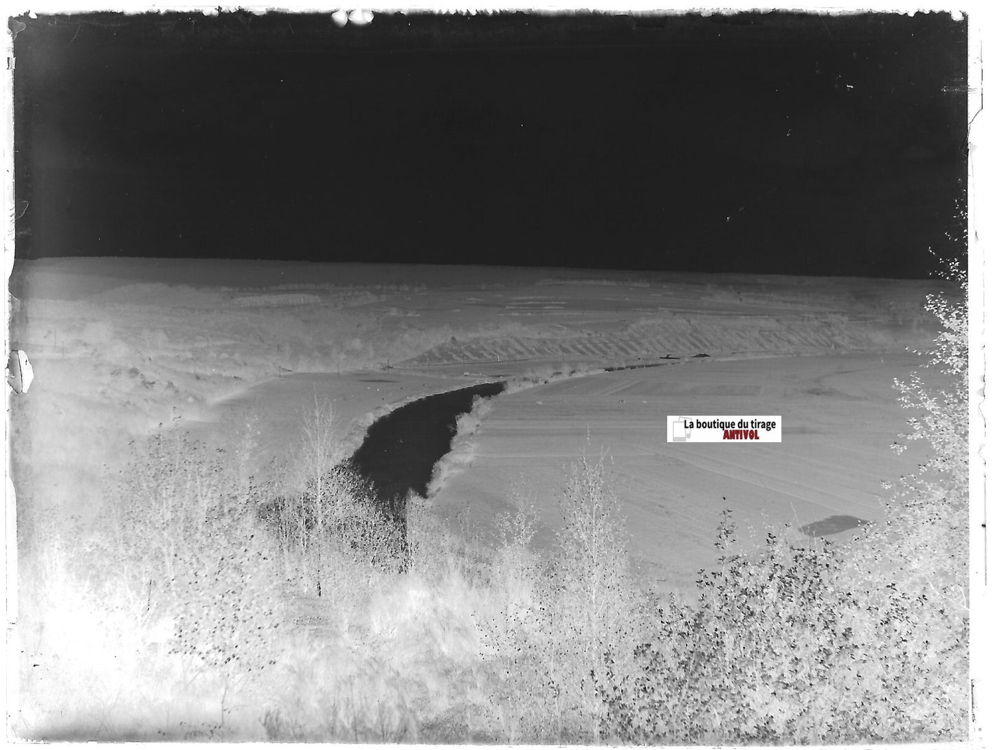 Paysage, eau, Plaque verre photo ancienne, négatif noir & blanc 9x12 cm