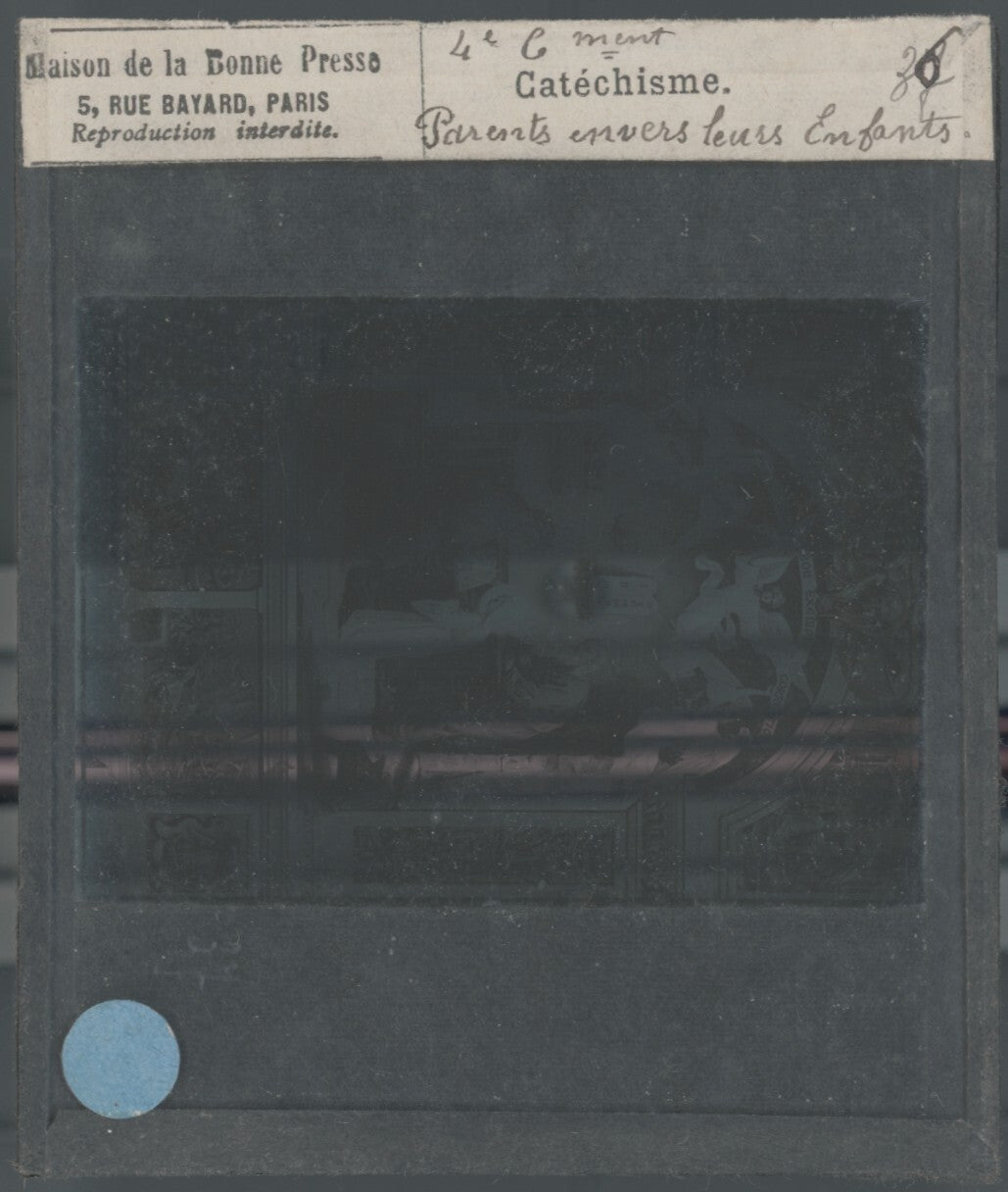 Scène religieuse, catéchisme, dessin peinture, plaque verre, positif 8,5x10 cm