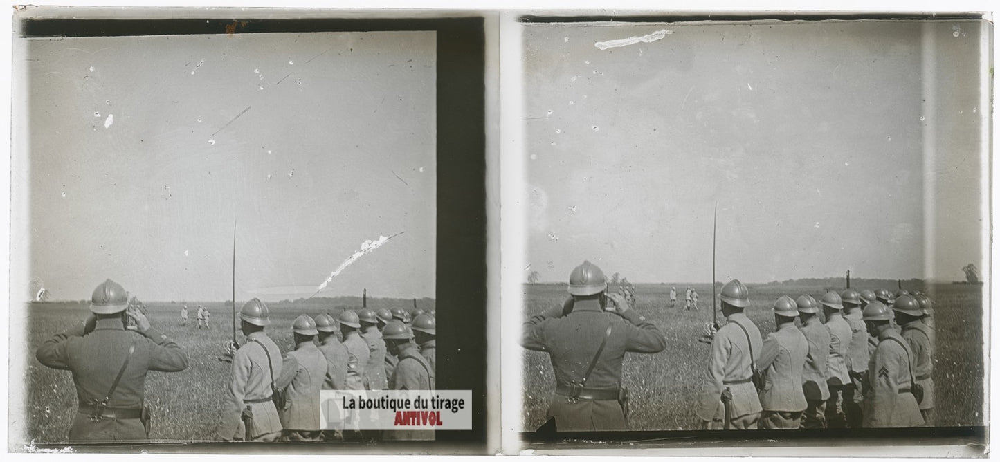 Troupe française, guerre WW1, plaque verre photo ancienne stéréo 6x13 cm