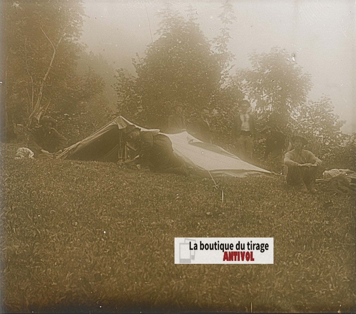 Campement vallée du Lys, plaque verre, photo ancienne stéréo, sépia 6x13 cm