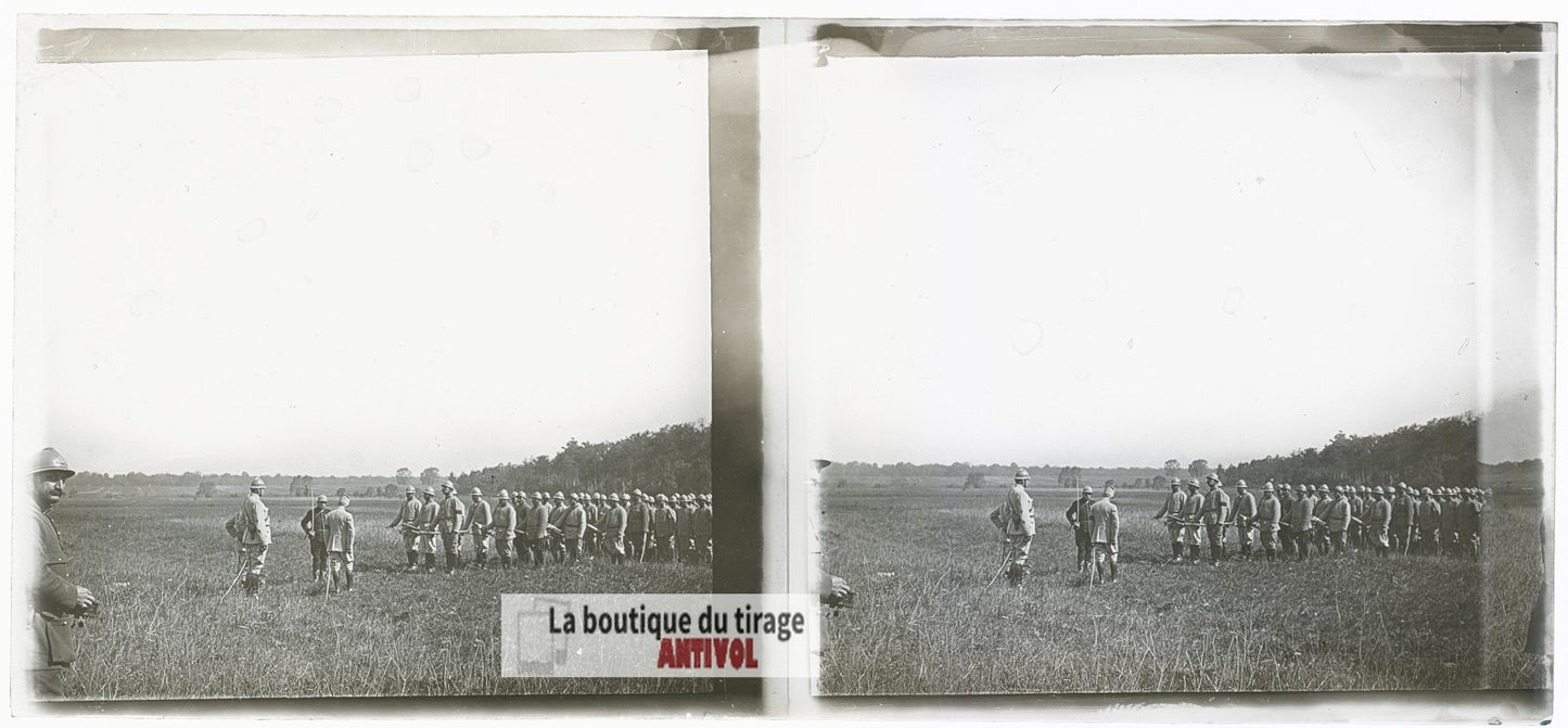 Soldats, régiment, guerre WW1, plaque verre photo ancienne stéréo 6x13 cm
