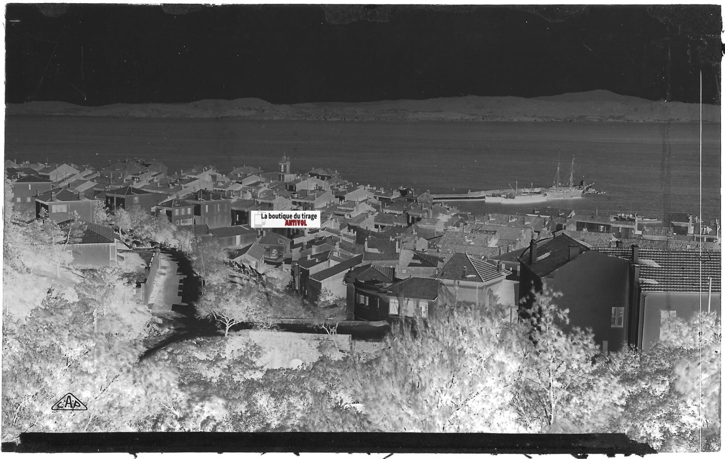 Sainte-Maxime, mer, Plaque verre photo, négatif noir & blanc 9x14 cm, France