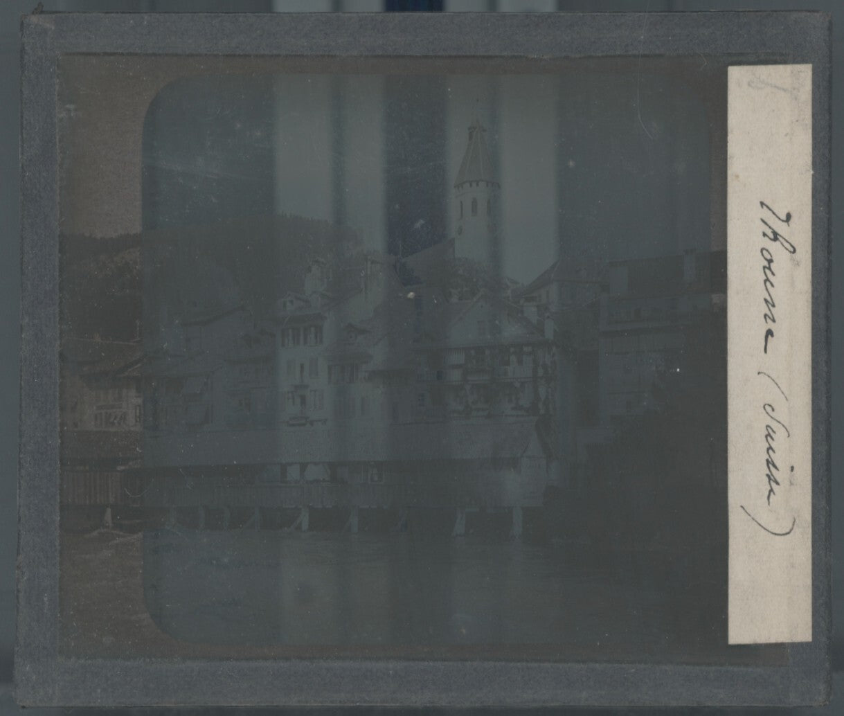 Thoune et le pont de l’Aar, photo plaque verre, noir & blanc, positif 8,5x10 cm