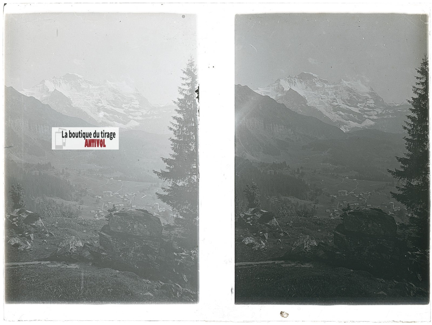 Montagnes, Alpes Suisse, stéréo photo plaque verre, noir & blanc, 9x12 cm
