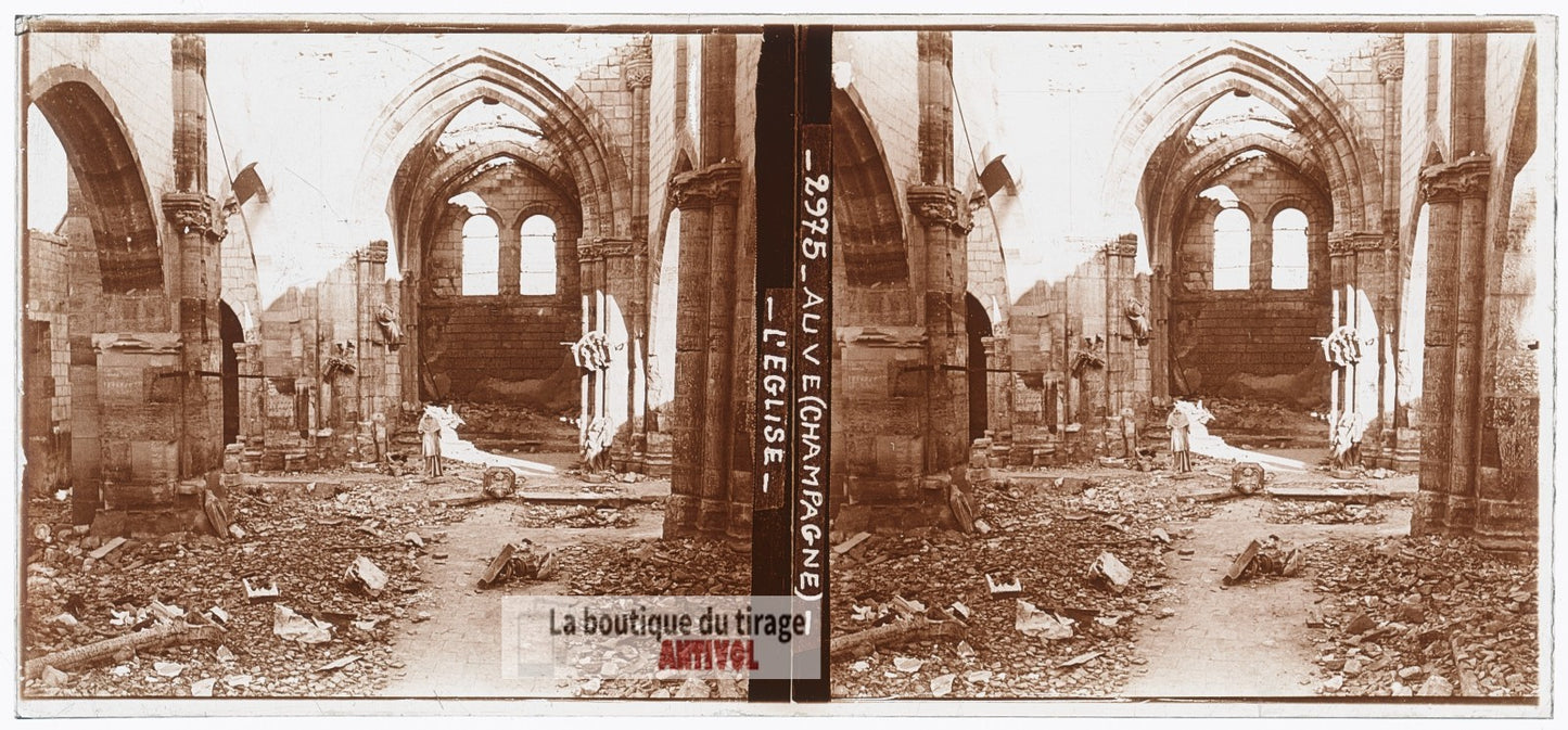 Auve, Champagne, 1915, guerre WW1, plaque verre photo ancienne stéréo 6x13 cm