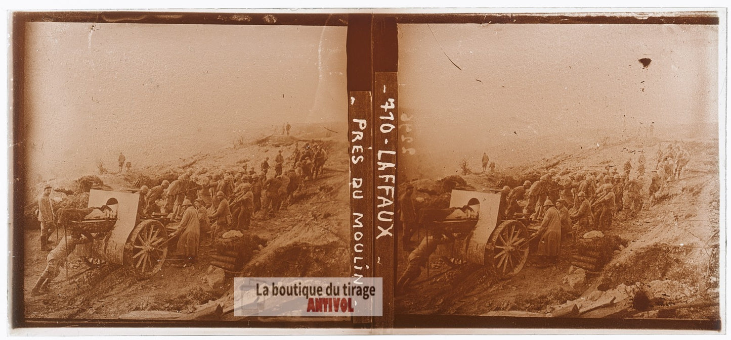 Laffaux 1917, moulin, guerre WW1, plaque verre photo ancienne stéréo 6x13 cm