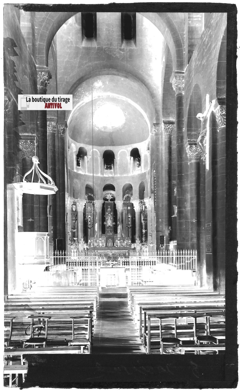 Plaque verre photo ancienne négatif noir & blanc 9x14 cm Orcival, église 0914067