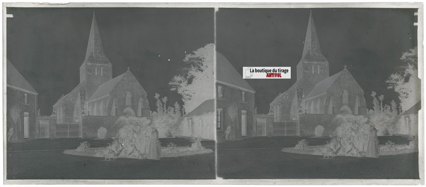 Eglise, France, village, stéréo photo ancienne plaque verre, négatif 8x18 cm