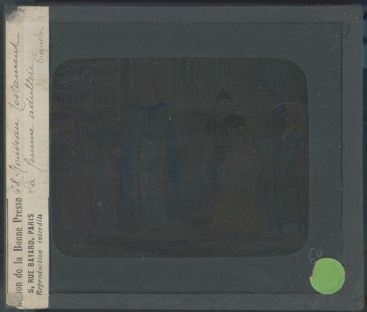 Jésus et la femme adultère, dessin, plaque verre ancienne, couleur 8,5x10 cm