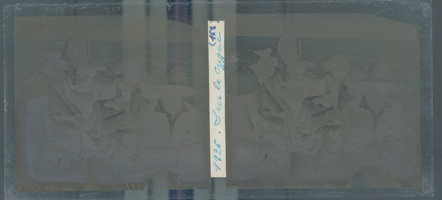 Bateau “Le Cygne”, lac d’Annecy, plaque verre photo ancienne stéréo 6x13 cm
