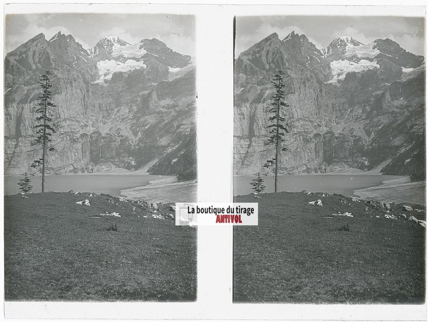 Oeschinensee, Alpes Suisse, stéréo photo plaque verre, noir & blanc, 9x12 cm