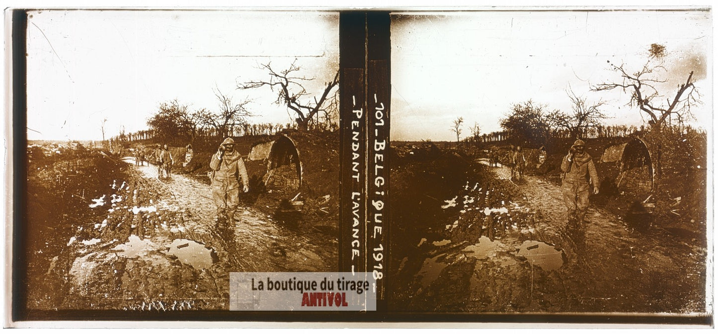Belgique, soldats, guerre WW1, plaque verre photo ancienne stéréo 6x13 cm
