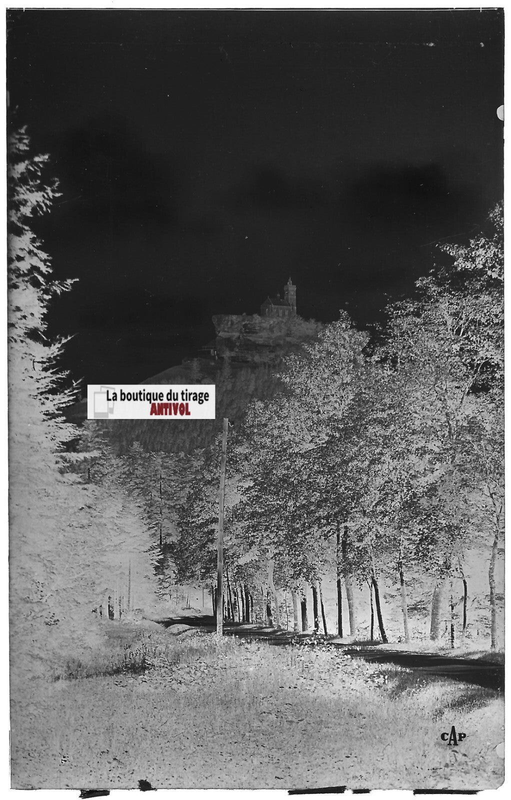 Plaque verre photo, négatif noir & blanc 9x14 cm, Dabo, Chapelle et hôtel, route