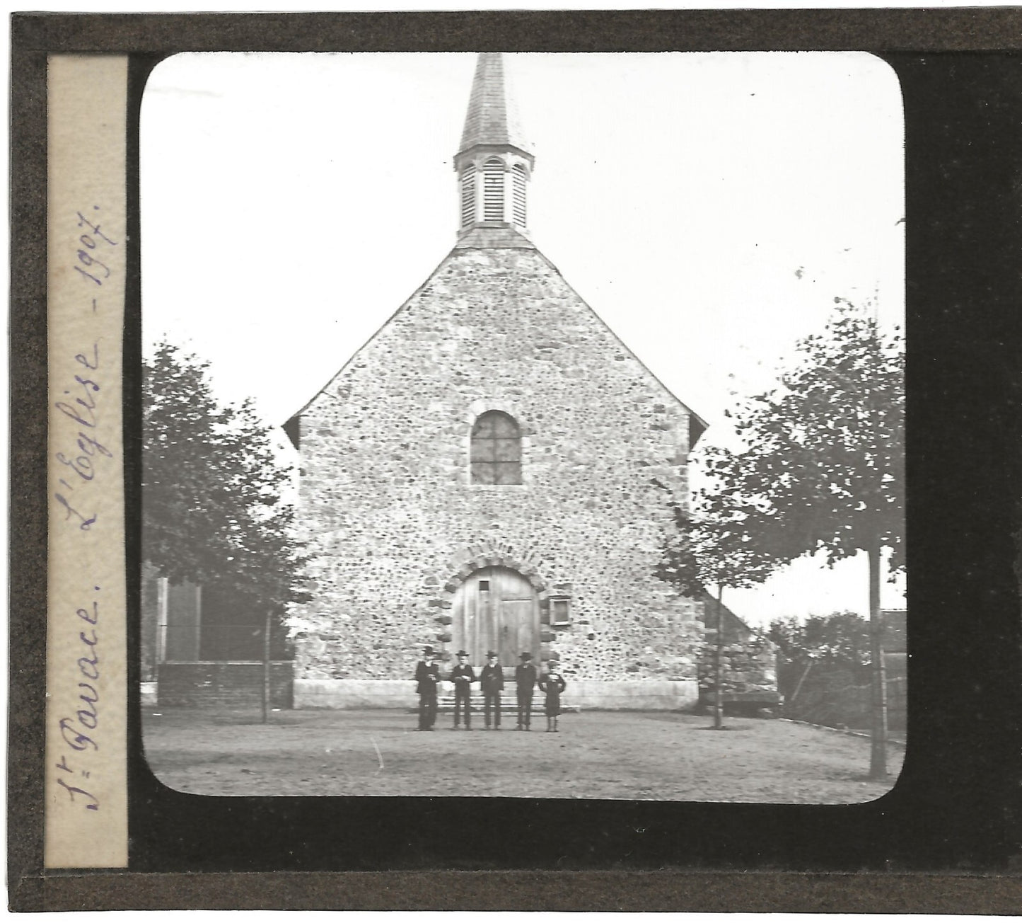 Église Saint-Pavace, enfants, photo ancienne plaque de verre, positif 8,5x10 cm