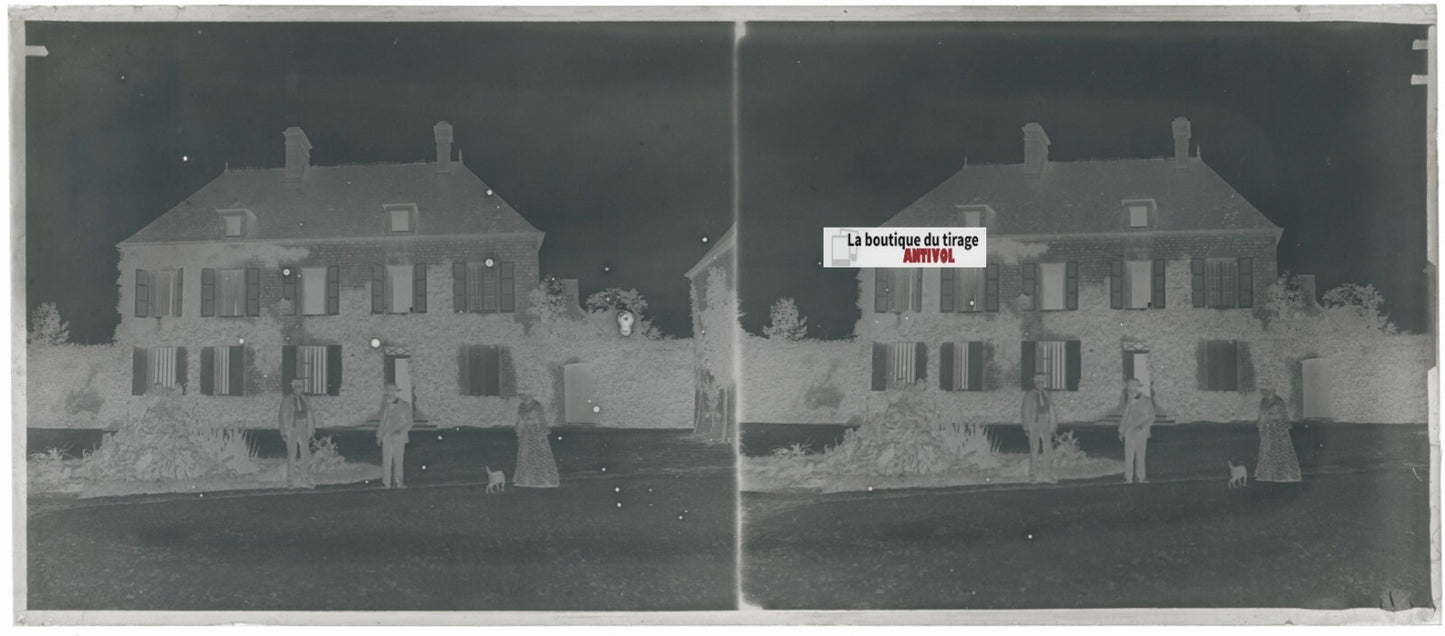 Maison, château, famille, stéréo photo ancienne plaque verre, négatif 8x18 cm