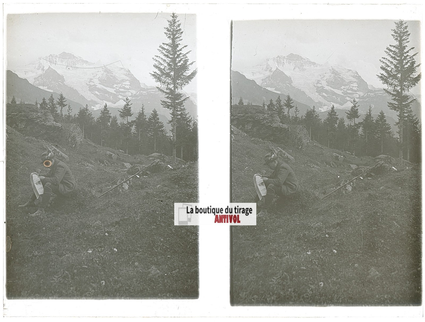 Randonnée, Alpes Suisse, stéréo photo plaque verre, noir & blanc, 9x12 cm