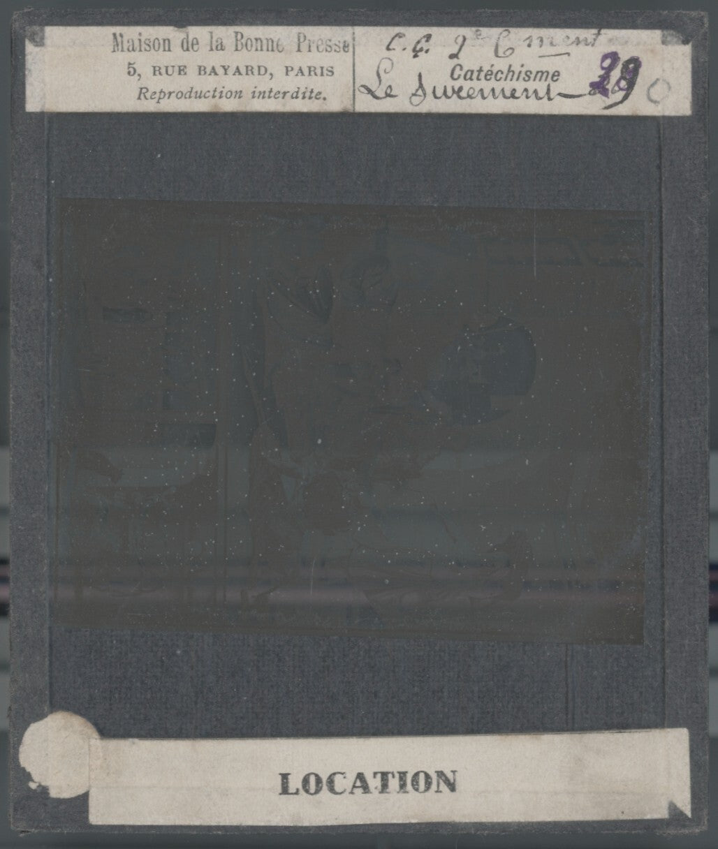 Scène religieuse, catéchisme, dessin peinture, plaque verre, positif 8,5x10 cm