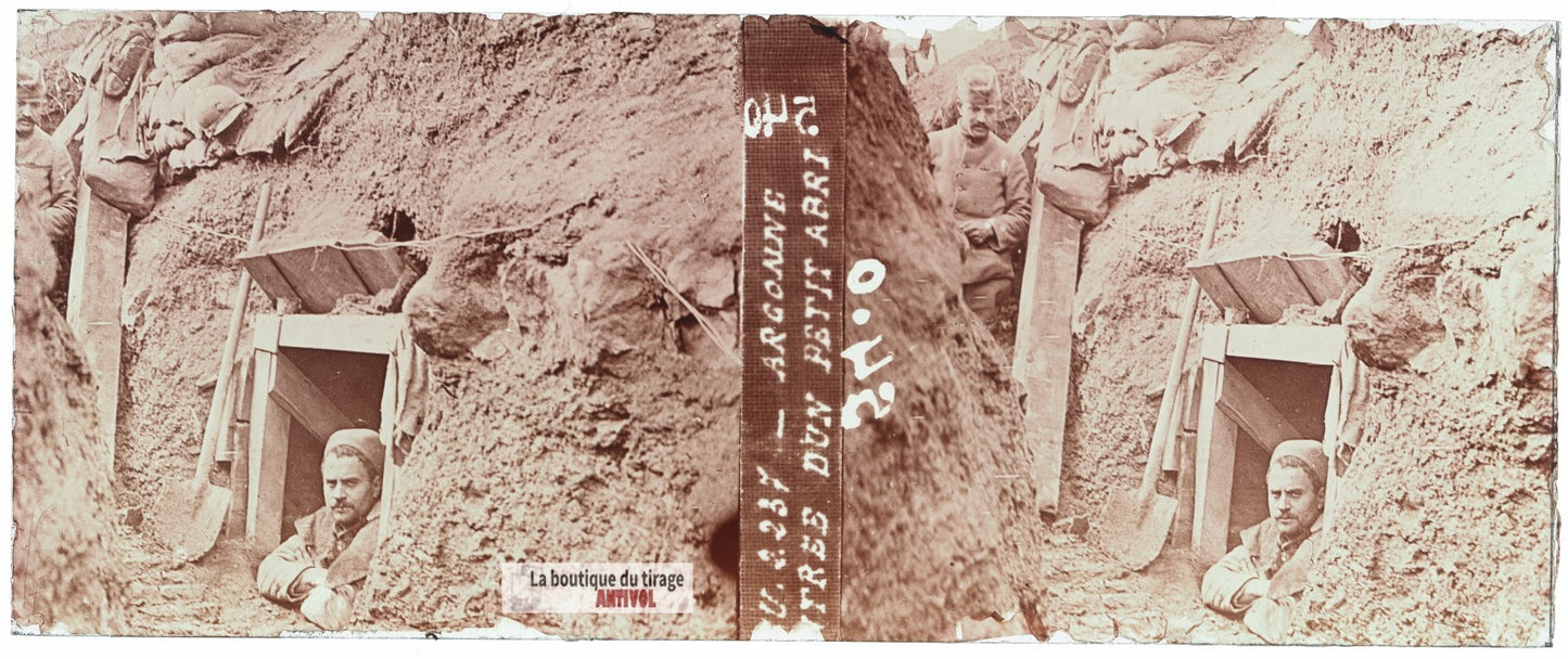 Abri de tranchée en Argonne, guerre WW1, plaque verre stéréo, photo 4,5x10,7 cm