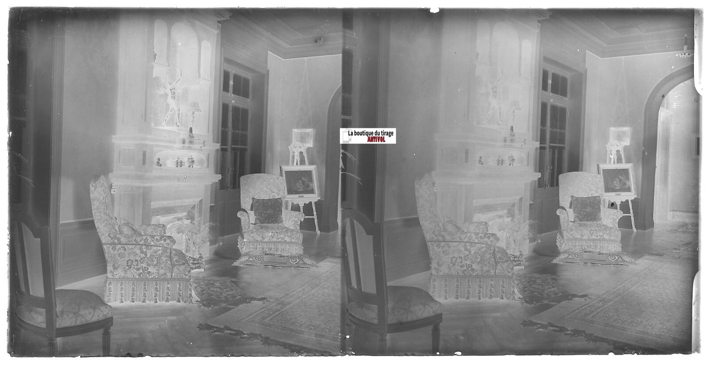 Salon, maison, Plaque verre photo, stéréoscopique négatif noir & blanc 9x18 cm
