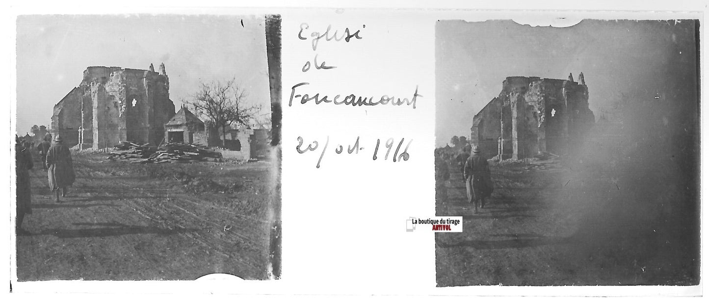 Foucaucourt église, Plaque verre stéréo positif ancien noir & blanc 4,5x10,7 cm