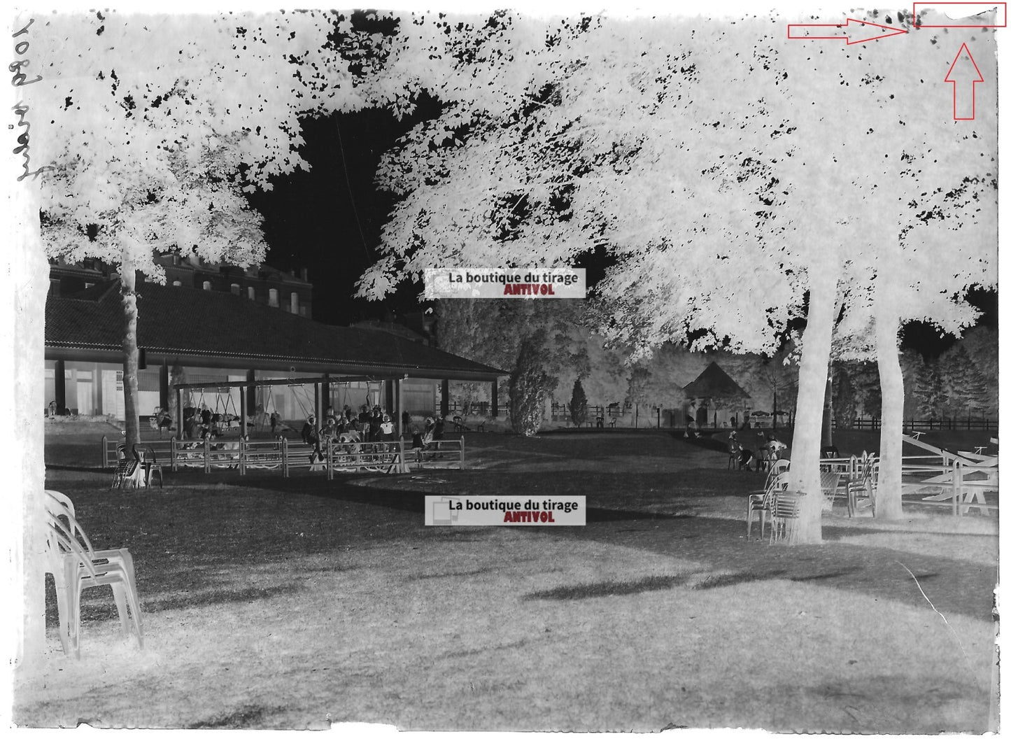 Plaque verre photo ancienne négatif noir et blanc 13x18 cm parc jardin Vichy