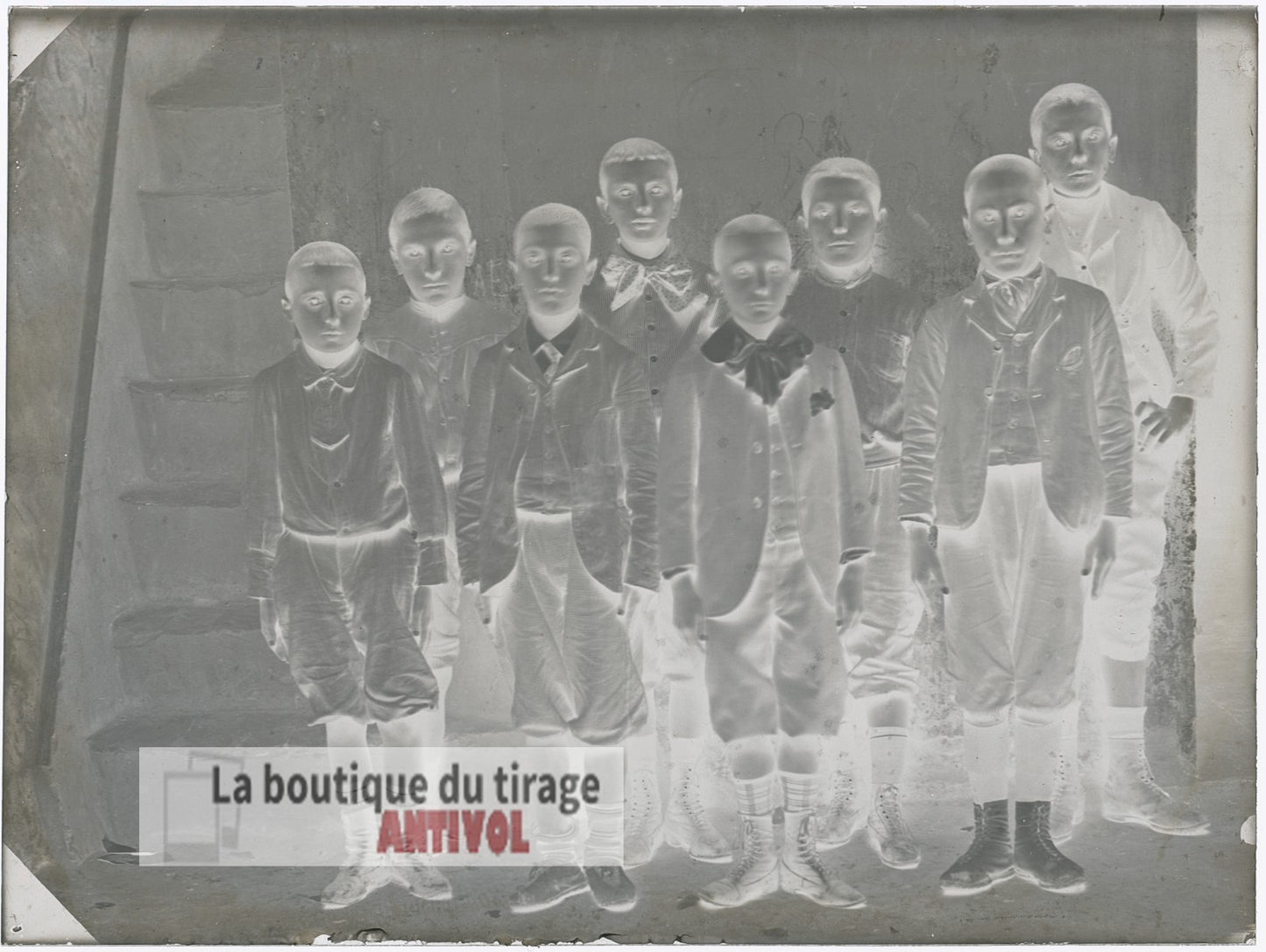 Groupe d’écoliers, garçons, plaque verre, photo ancienne, négatif 9x12 cm