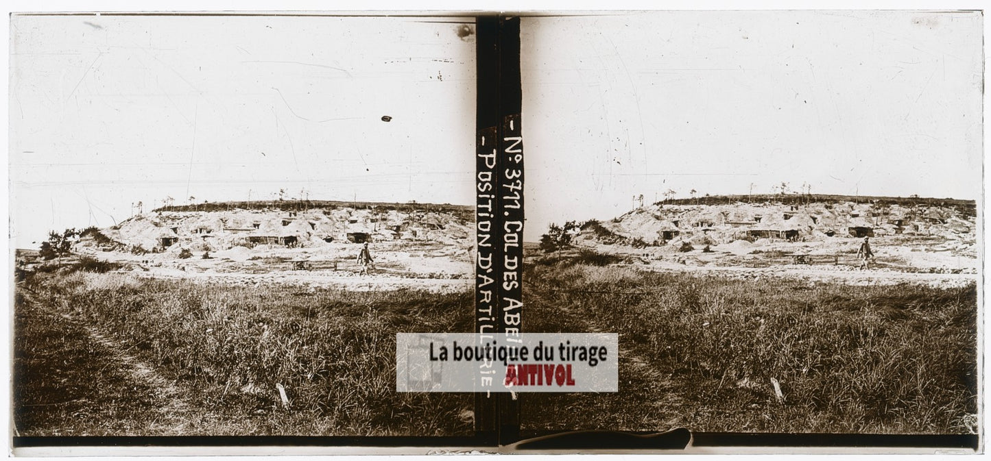 Col des Abeilles, artillerie, WW1, plaque verre photo ancienne stéréo 6x13 cm