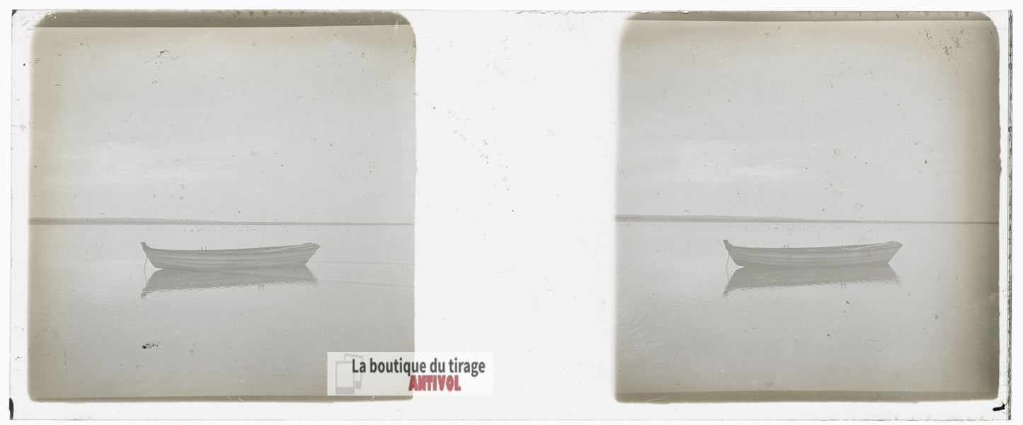 Baie du Mont-Saint-Michel, barque bateau, plaque verre stéréo, photo 4,5x10,7 cm