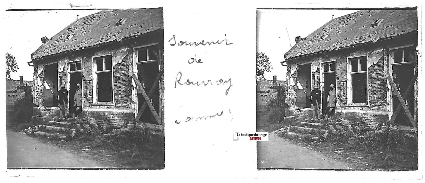 Souvenir de Rouvroy guerre, Plaque verre stéréo positif noir & blanc 4,5x10,7 cm
