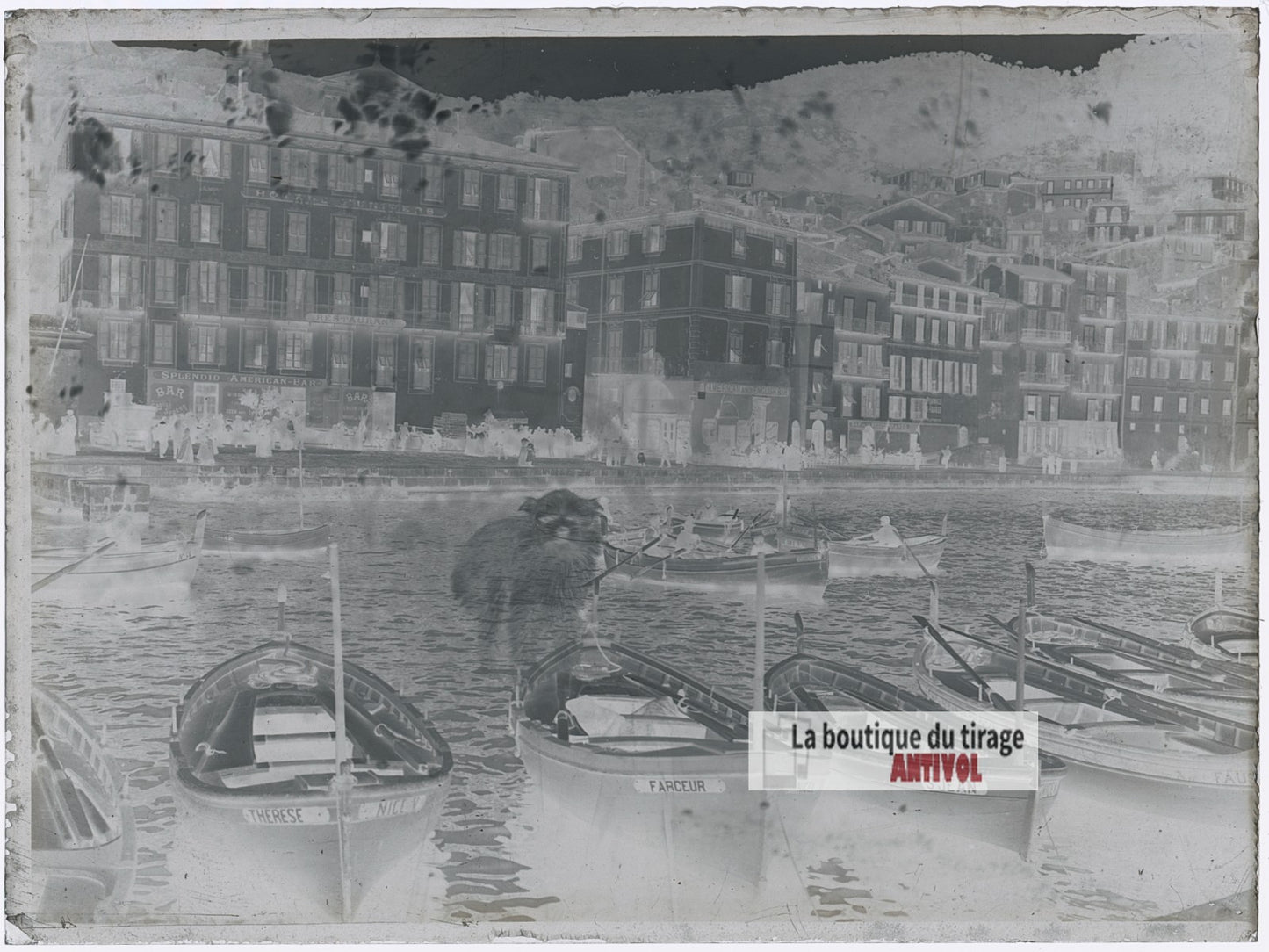 Le port de Villefranche-sur-Mer, plaque verre photo ancienne, négatif 9x12 cm