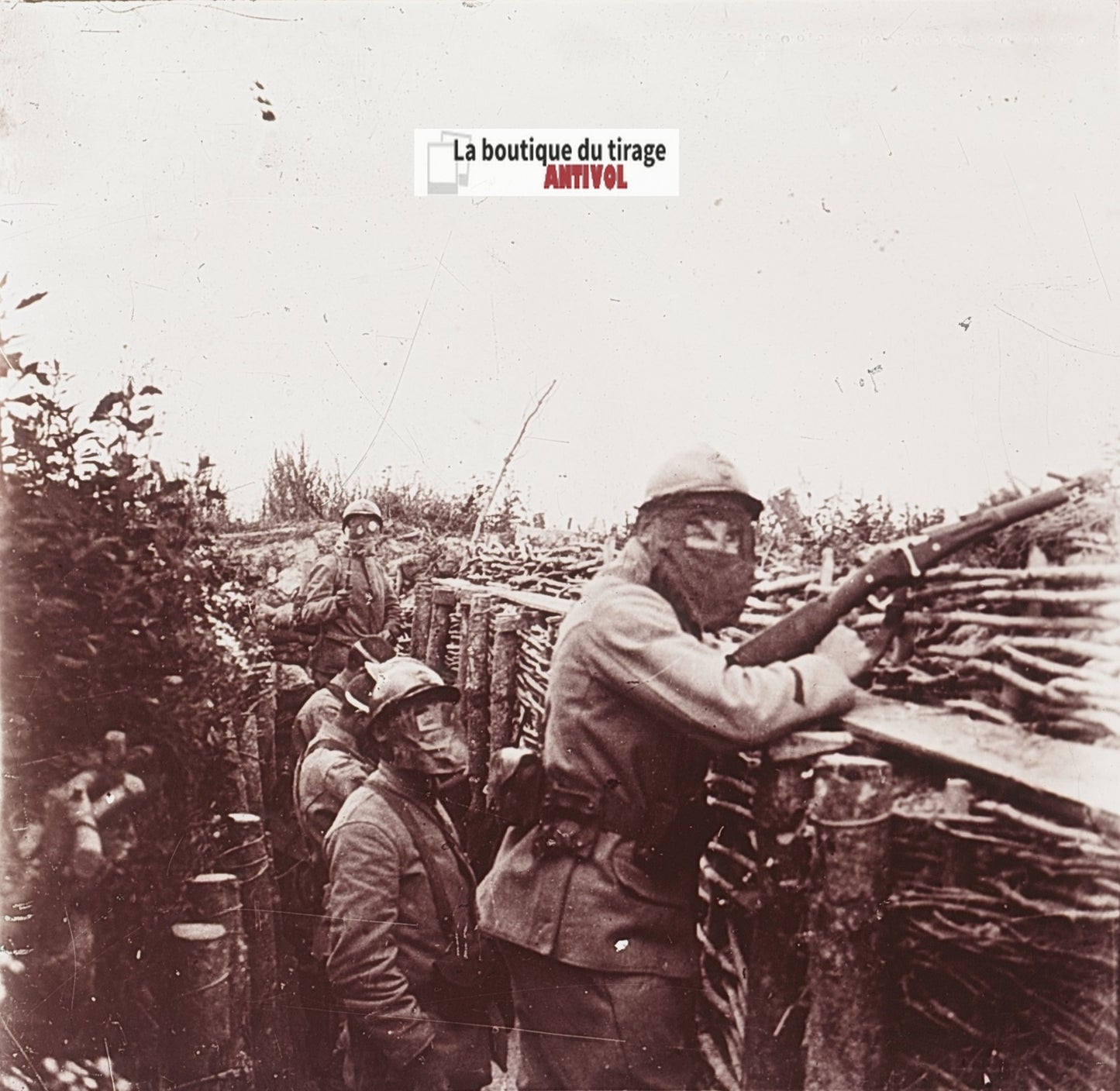 Alerte aux gaz (1916), WW1, plaque verre stéréo, photo ancienne 4,5x10,7 cm