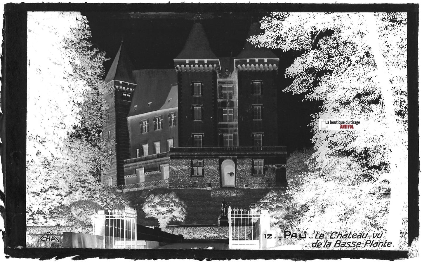 Plaque verre photo vintage, négatif noir & blanc 9x14 cm, façade château Pau
