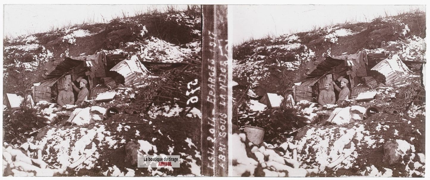 Les Éparges, sous la neige, guerre WW1, plaque verre stéréo, photo 4,5x10,7 cm