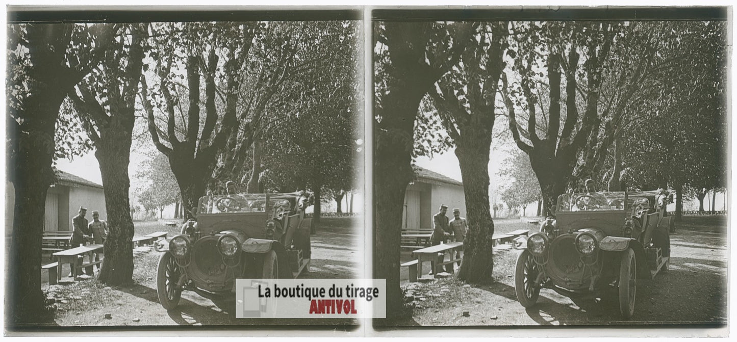 Automobile d’officiers, guerre WW1, plaque verre photo ancienne stéréo 6x13 cm